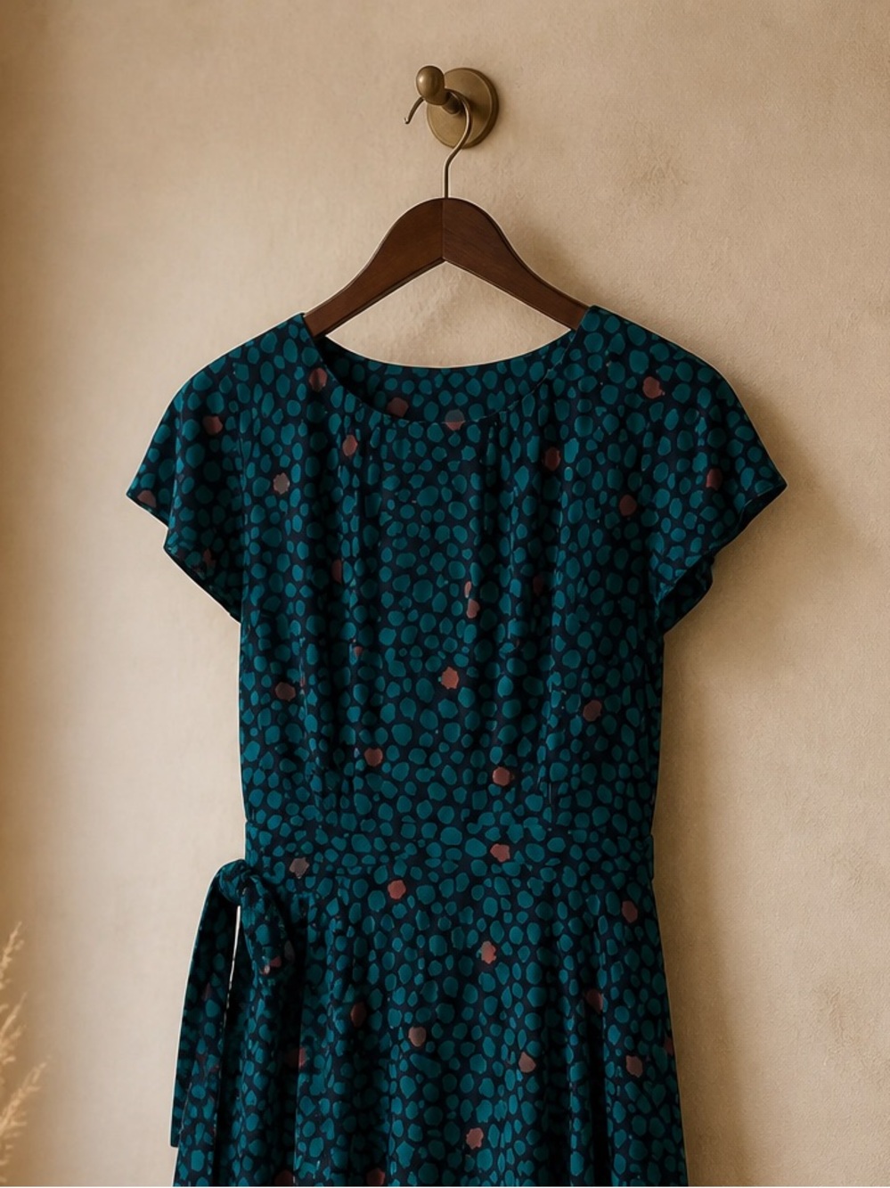 Anthropologie HD IN Paris Faux Wrap Ruffle Polka Dot High-Low Dress Teal Coral - Picture 5 of 5